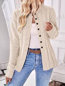 EMERY ROSE Áo cardigan nữ tay dài vặn thừng cài nút trước đa năng - Màu be - Xem 6