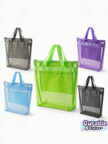 5 Colors See Through Mesh Tote Handbag Light Gray Dark Gray Dark Green Sky Blue Purple Large Capacity Lightweight Mesh Beach Student School Shopping Carry Bag - Multicolor - View 1