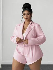 Maweii Plus Size Women's Pink Lapel Open Front Long Sleeve Short Blazer + Short Shorts Set, Pink Suit Set, Elegant, Fashion, Casual, Commute, Business Office, Daily Casual, Versatile Elegant, Urban Teacher Professional Outfit, Sexy Date, Party Wear - Pink - View 3