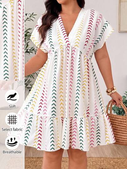 Weeklong Plus Size Multi-Color Arrow Print V-Neck One-Piece Sleeve Cuffed Waist A-Line Doll Dress Knee-Length Casual Outing Date Party Vacation Beach Dress