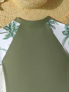 SHEIN 青少年女孩高彈性舒適熱帶植物印花拉鍊半前開短袖連身泳衣，適合海灘與沙灘 - 綠色 - 查看 5