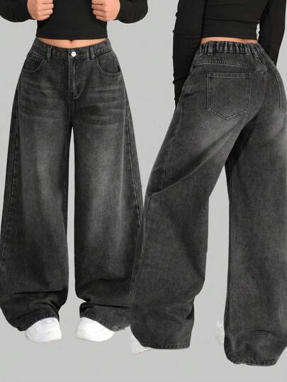 SHEIN Girlism Celana Jeans Kasual Model Lebar untuk Remaja Perempuan