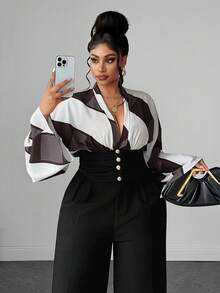 Maweii Geometric Colorblock Print Deep V-Neck Batwing Sleeve Blouse With Ruched Waist And Gold Button Short Shirt Fall - Multicolor - View 6