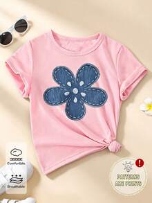 Elladie kids 春夏女生休闲时尚创意个性清新可爱简约蓝色牛仔碎花印花休闲度假风基础款粉色短款T恤，舒适日常穿着，适合春、夏、秋季穿着。 - 粉色 - 查看 5
