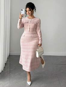 SHEIN Elenzya Plus Size Women's Knitted Elegant Business Casual Fall-Winter Dress - Pink - View 5
