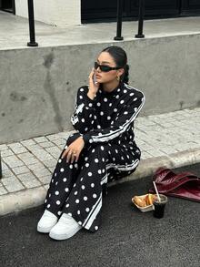 Muchica 女款大尺碼休閒波點印花夾克外套與長褲套裝，適合秋季 - 黑與白 - 查看 7