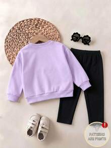 Conjunto de 2 piezas para niña con sudadera de cuello redondo color púrpura claro con estampado de ídolo de dibujos animados K-POP & leggings negros, atuendo casual para niña joven 4-7Y - Blanco - Ver 2