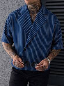 SLATEMANN 男士條紋翻領單鈕扣休閒短袖襯衫 - 寶藍色 - 查看 5