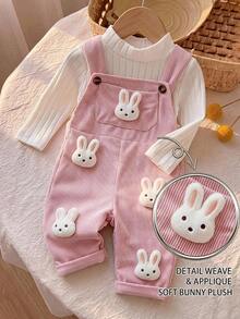 SHEIN Baby Girl Cute Rabbit Patch Pink Corduroy Jumpsuit - Pink - View 1