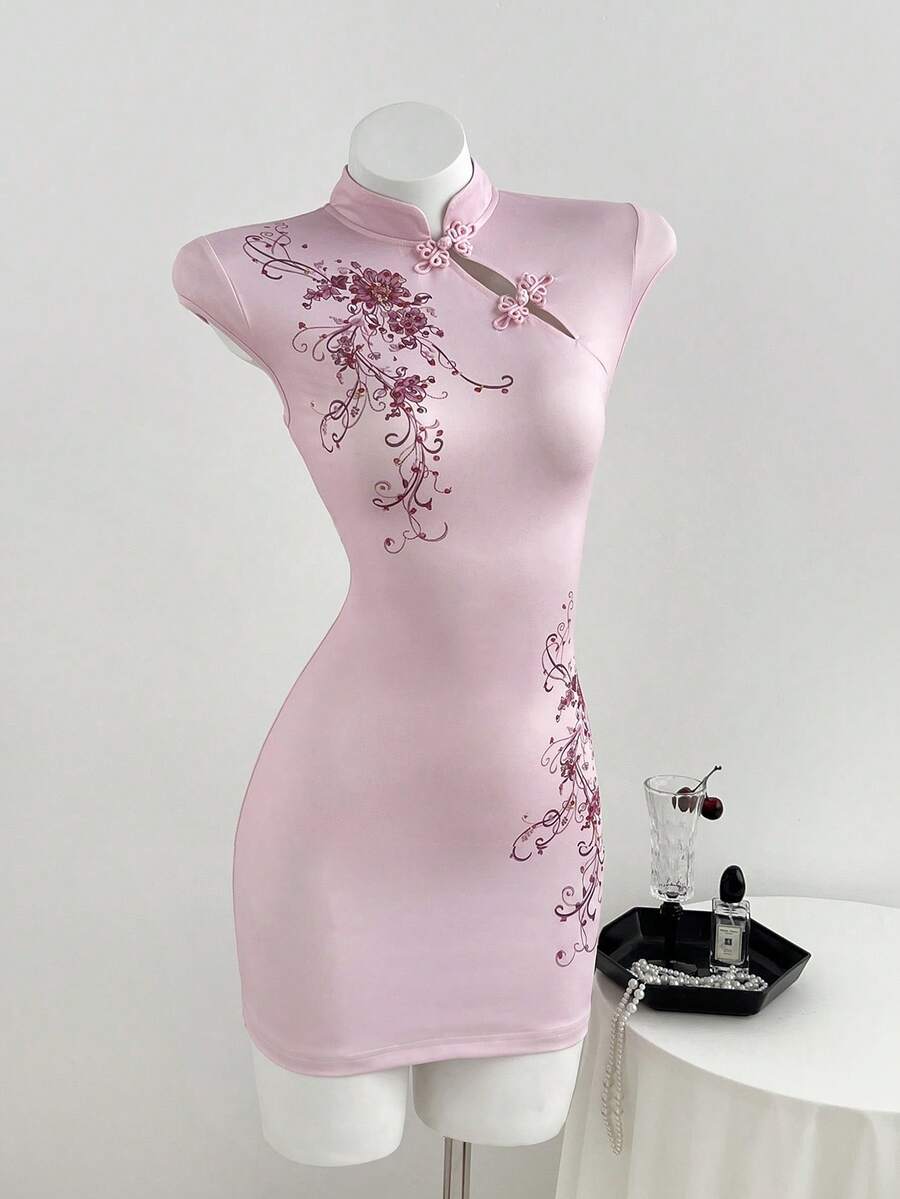 Elamini Chinese Style Minimalist Sexy Hot Girl Gentle Vintage Date Afternoon Tea Bar Photo Shoot Daily Light Commute Best Friend Gathering Stand Collar Oblique Collar Double Frog Button Floral Print Decoration Spring Summer Autumn Women's Pink Dress - Pink - View 1
