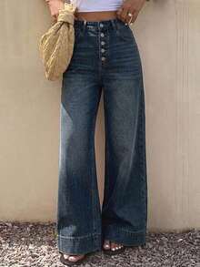 Livesso Women's High Waist Loose Distressed Long Denim Jeans - Dark Wash - View 2