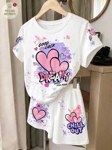 SHEIN 1套青少年女孩休閒甜美塗鴉愛心印花短袖T恤與短褲套裝，日常出遊夏季多巴胺休閒套裝 - 彩色 - 查看 4