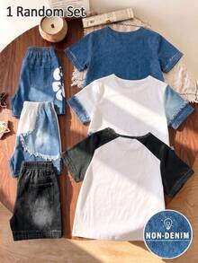 1 Random Set Fashion Letter Print Casual Crew Neck Short Sleeve T-Shirt With Shorts, Simple, Versatile, Suitable For Daily Wear Back-To-School - Multicolor - View 2