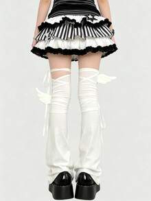 ROMWE Kawaii Y2K Style Bowknot Strap Solid Color Ladies' Leg Warmers, Suitable For Fashion Decoration, Anime Character Cosplay, JK Accessories - White - View 3