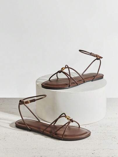 VACAZURE Women's Fashion Comfy Metal Ornaments Decor Ankle Strap Flat Sandals