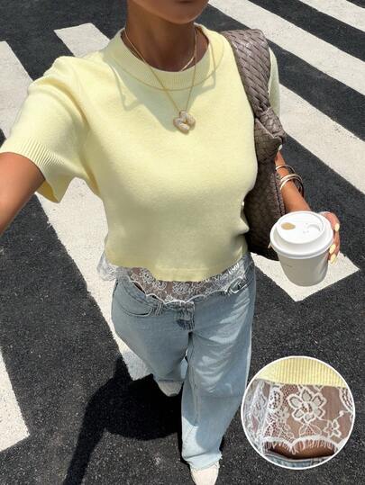 Muchica Women's Autumn New Cream Yellow Contrast Lace Trim Asymmetrical Hem Round Neck Knit Top