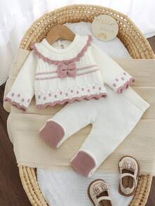 SHEIN Infant Girl Sweater Set, Pink And White With Contrast Ruffle Collar Bow, 2 Pieces Knitted Set, Long Sleeve Cable Knit Sweater Top, Autumn Pullover - Beige - View 7