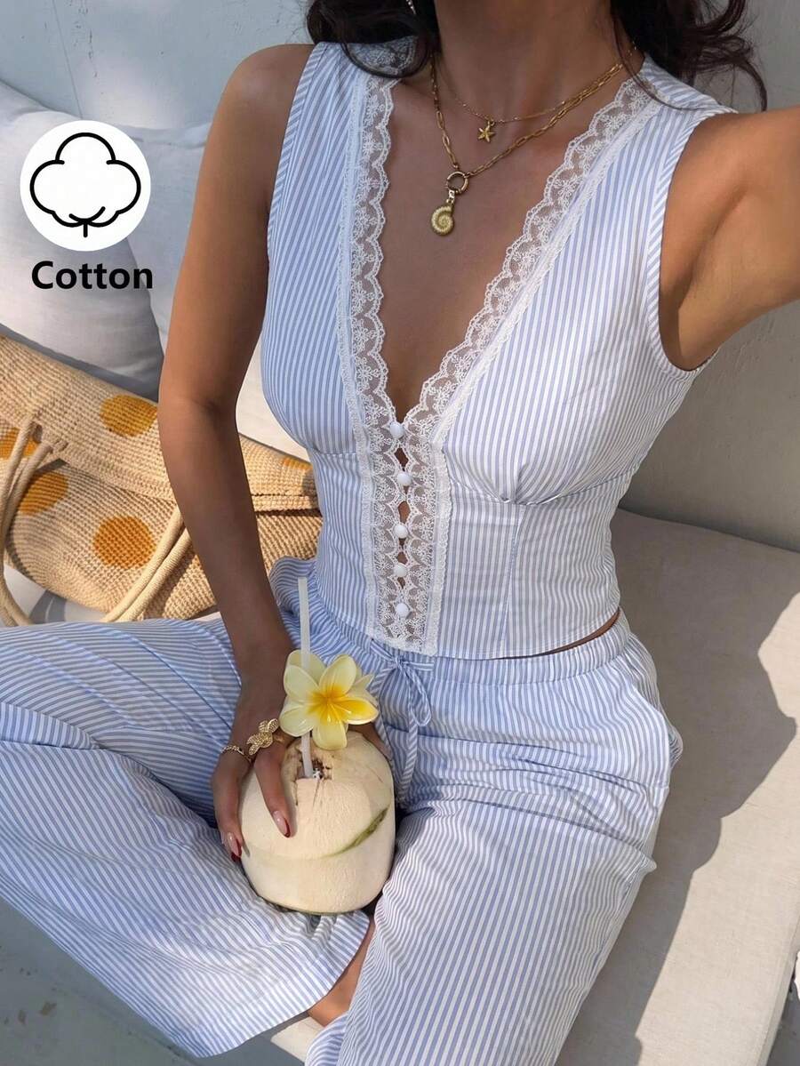 Sunnyshic Ensemble 2 pièces femme printemps été automne, top à col V en coton rayé bleu et blanc avec dentelle blanche contrastante, ceinture à nouer cintrée à la taille et pantalon long, élégant, mignon, romantique, polyvalent pour vacances, trajets, bureau, sorties quotidiennes et rendez-vous - Bleu azur - Voir 1