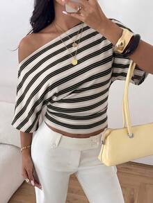 Aloruh Asymmetrical Shoulder Loose Top With Ruched Waist, Minimalist Basic T-Shirt - Apricot - View 3