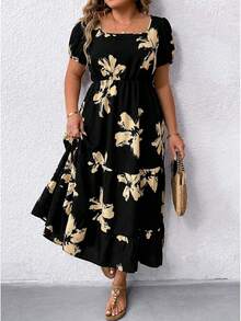 EMERY ROSE Vestido maxi de mujer de talla grande con cuello cuadrado, manga corta, estampado y volante en el bajo - Negro - Ver 4
