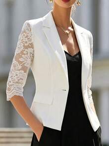 SHEIN Women's White Blazer With Lace Lapel, Casual Versatile, Elegant And Fashionable - White - View 5