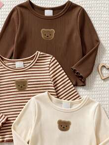 Kaos Anak Perempuan Korea Berkerut dan Bergaris, Atasan Lucu, Musim Gugur, Gaya Musim Gugur Terbaru, Gaya Musim Gugur, Set 3pcs/Set Little Bear Buatan Tangan - MultiWarna - View 3