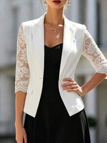 SHEIN Women's White Blazer With Lace Lapel, Casual Versatile, Elegant And Fashionable - White - View 4