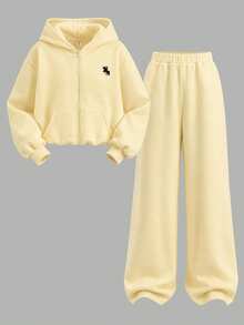 Tween Girls Cream Yellow Front Zipper Hoodie With Embroidered & Sweatpants Tracksuit 2Pcs Set - Yellow - View 4