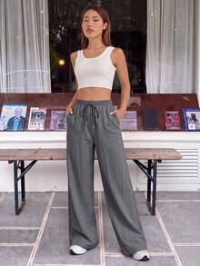 SHEIN EZwear 男士抽繩腰寬腿寬鬆休閒灰色梭織長褲 - 灰色 - 查看 7