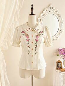 Vintamour Vintage Elegant Women's Blouse With Ditsy Floral, Embroidery, Peter Pan Collar, Ruffle Trim, Gathered Detail, Button Front, Casual Vacation Holiday Top - Apricot - View 3