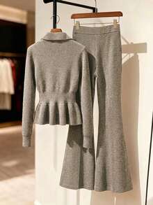 GlowEve Women's Solid Color Zipper Long Sleeve Top And Flare Pants Casual Daily 2 Pieces Set - Apricot - View 2