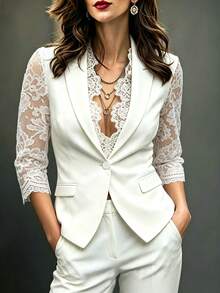 SHEIN Women's White Blazer With Lace Lapel, Casual Versatile, Elegant And Fashionable - White - View 1