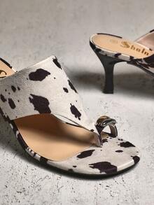 SHUZIA Women's Cow Print Toe Ring Thick Band Thong Heeled Sandals Summer Shoes - Multicolor - View 4