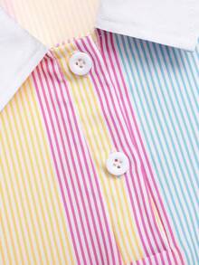 SHEIN Tween Girl Tween Girl Striped Knight Print Button Half-Placket Short Sleeve Dress - Multicolor - View 5