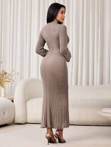 Veilorie Women's Solid Color Casual Daily Wear Knit Dress - Khaki - View 2