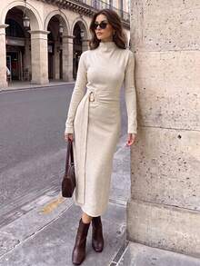 SHEIN Autumn New Slimming Metal Decor Asymmetrical Shoulder Cinched Waist Knit Long Sleeve Sweater Dress - Apricot - View 7