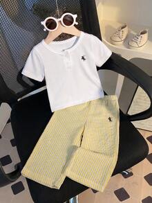 SHEIN 2pcs Infant Girl Summer White Short Sleeve T-Shirt & Apricot Striped Pants Set Cute Family Matching Minimalist Street Style Embroidered Outfits - Yellow - View 6