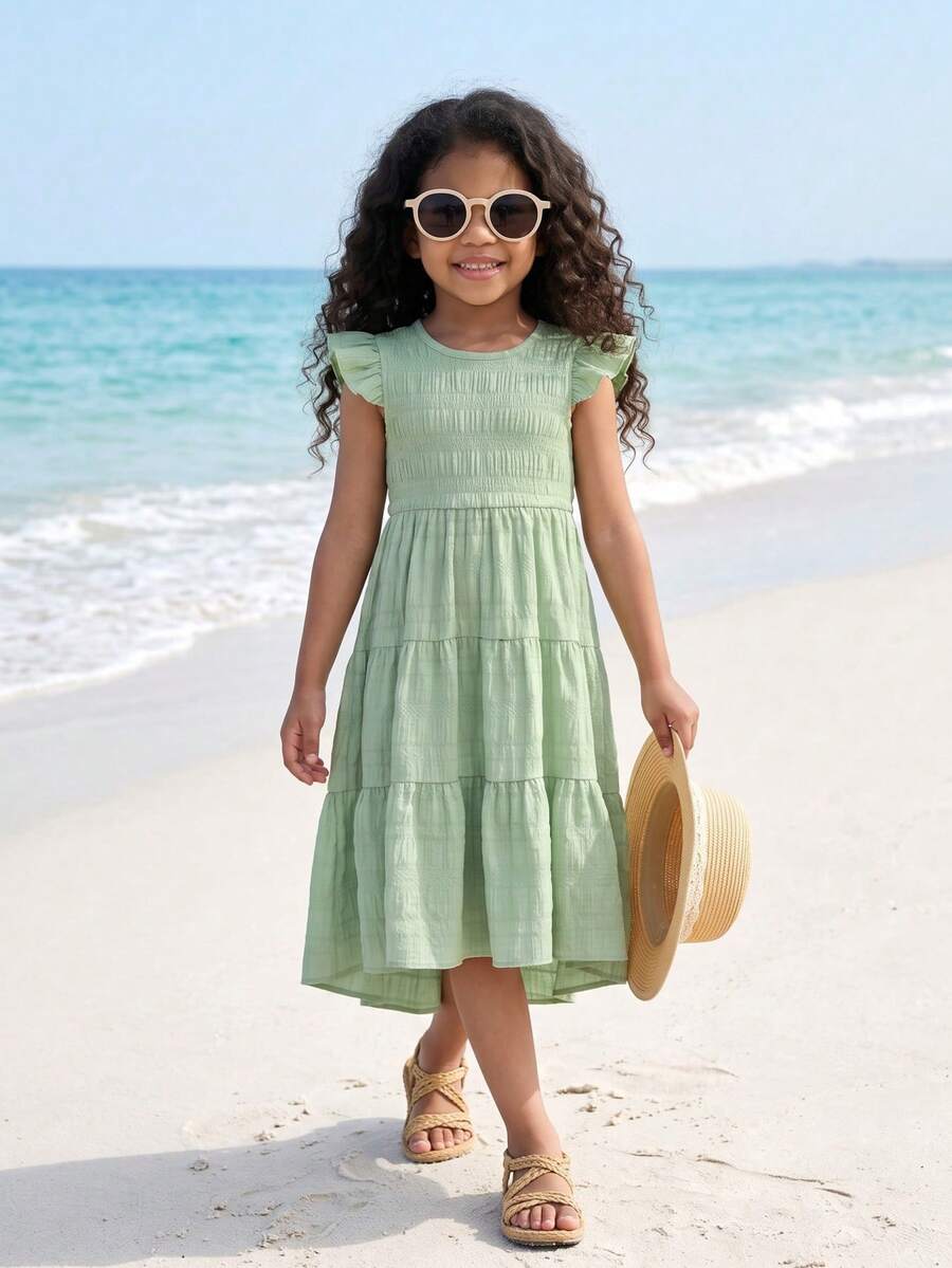 Elladie kids 女童夏季新款圆领荷叶边短袖绿色纹理面料弹力腰不对称下摆休闲沙滩公主裙 - 綠色 - 查看 1
