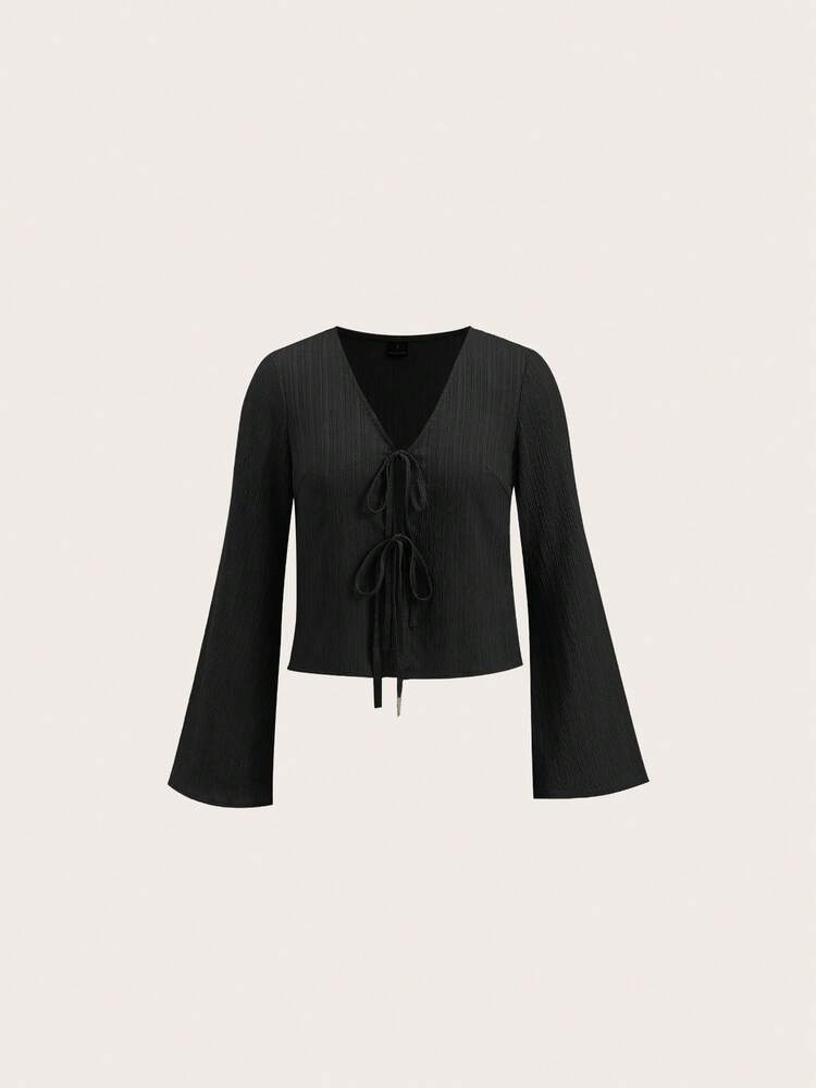 SHEIN LUNE Atasan Wanita Hitam Bertekstur Serbaguna, Blus Kasual Warna Polos Leher V Lengan Lonceng dengan Ikatan Depan, Atasan dengan Ikatan Depan, Gaya Kasual - Hitam - View 6