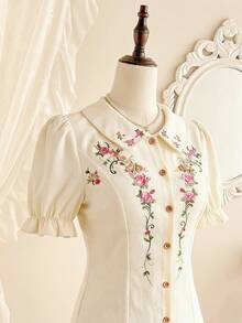 Vintamour Vintage Elegant Women's Blouse With Ditsy Floral, Embroidery, Peter Pan Collar, Ruffle Trim, Gathered Detail, Button Front, Casual Vacation Holiday Top - Apricot - View 4