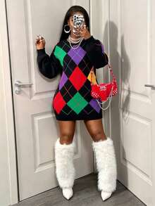 BamGleam Rhombus Plaid Short Knitted Sweater Dress, Autumn New Arrival, Christmas Everyday School Black Cool Casual - Black - View 4