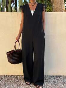 FRIFUL Women's Solid Color Deep V-Neck Shoulder Patchwork Sheer Mesh Straight Leg Loose Casual Versatile Spring Outfit Jumpsuit - Black - View 2