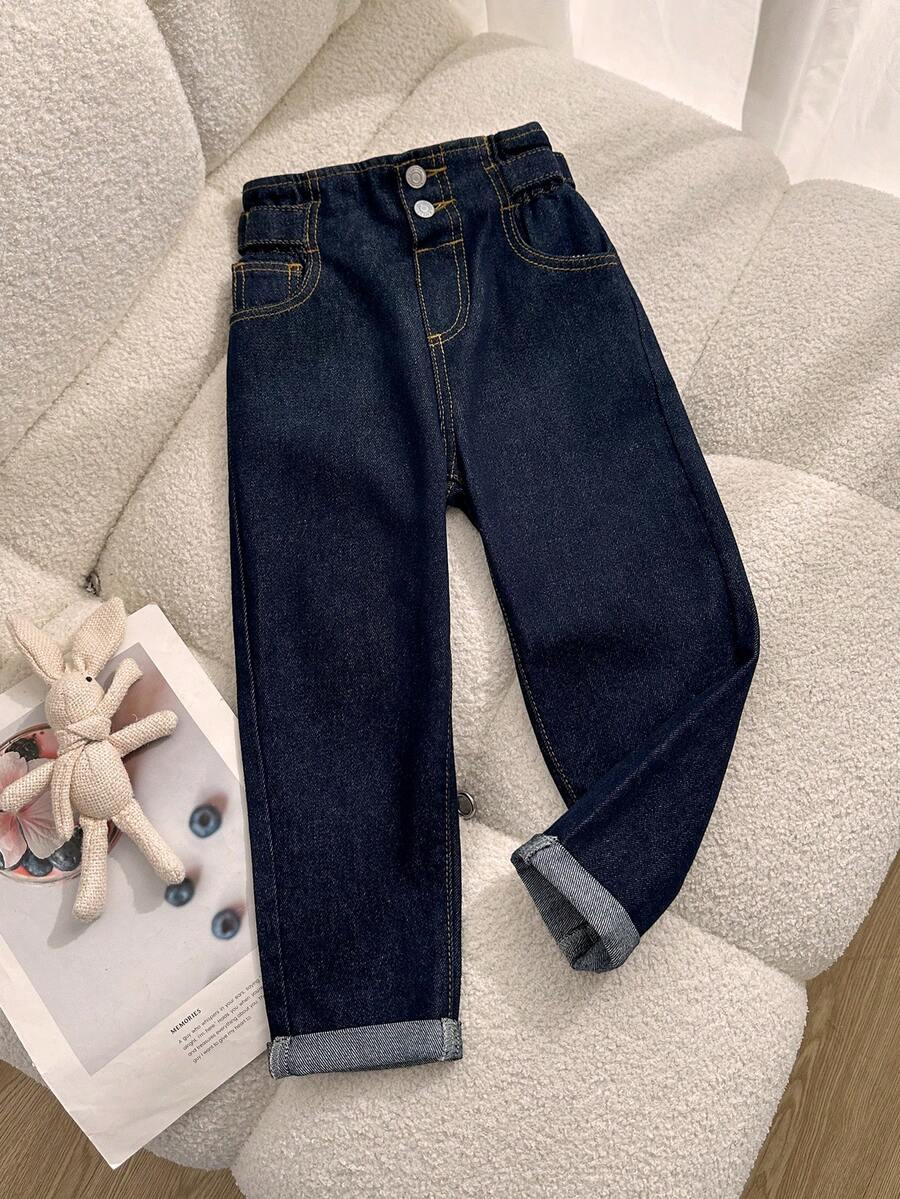 SHEIN Girls' Pastoral All-Match Versatile Ruched Waist Campus Style Fashion Denim Jeans - 深色水洗藍 - 查看 1