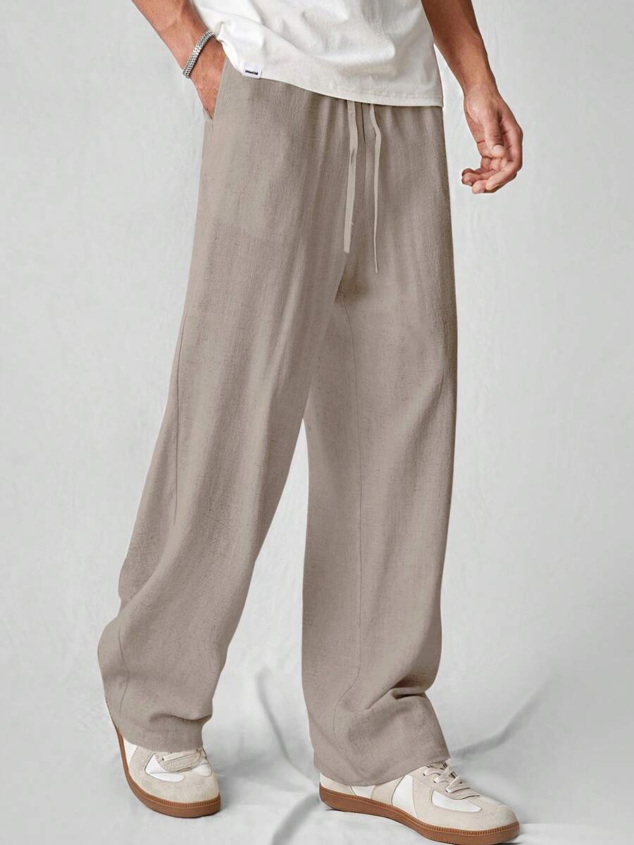 SWAVVY Men's Casual Versatile Drawstring Waist Pants For Daily Wear - Khaki - View 1