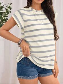 SHEIN Kaos Hamil Bergaris Leher Bulat Lengan Pendek Kasual Serbaguna - Grey - View 1