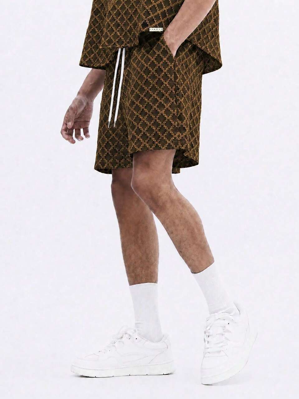 Ensemble coordonné de chemise à manches courtes boutonnée pour hommes avec motif jacquard monogramme diamant, ensemble décontracté d'été assorti