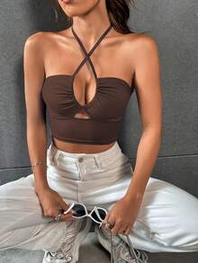 VaVaBold Women's Halter Neck Cutout Crop Top - Brown - View 5