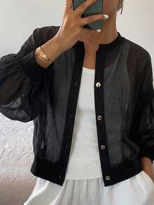 FRIFUL Women's Spring/Summer Solid Color Metal Button Decor Loose Casual Versatile Jacket - Black - View 3