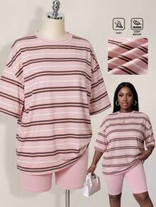 Slaydiva 2pcs/Set Women's Casual Loose Short Sleeve T-Shirt + Shorts, Suitable For Music Festival, Western Style, Nomadic Style, Party, Pool, Sexy Vacation, Cruise Travel, Beach, Sunbathing, Vacation, Date, And Other Occasions, Elegant Romantic Style, Casual Minimalist Basic Style, Y2K Style, Streetwear Style, Streetwear Sweet Style, Popular Online Celebrity Style, Daily Date, Sexy Baddie Style, Nightclub, Back To School, Outing, Hip Hop, Internet Trending, Grunge Style, Plus Size Pink Striped Print 2-Piece Set - Multicolor - View 6