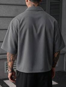 SLATEMANN 男士條紋翻領單扣休閒短袖襯衫 - 灰色 - 查看 2